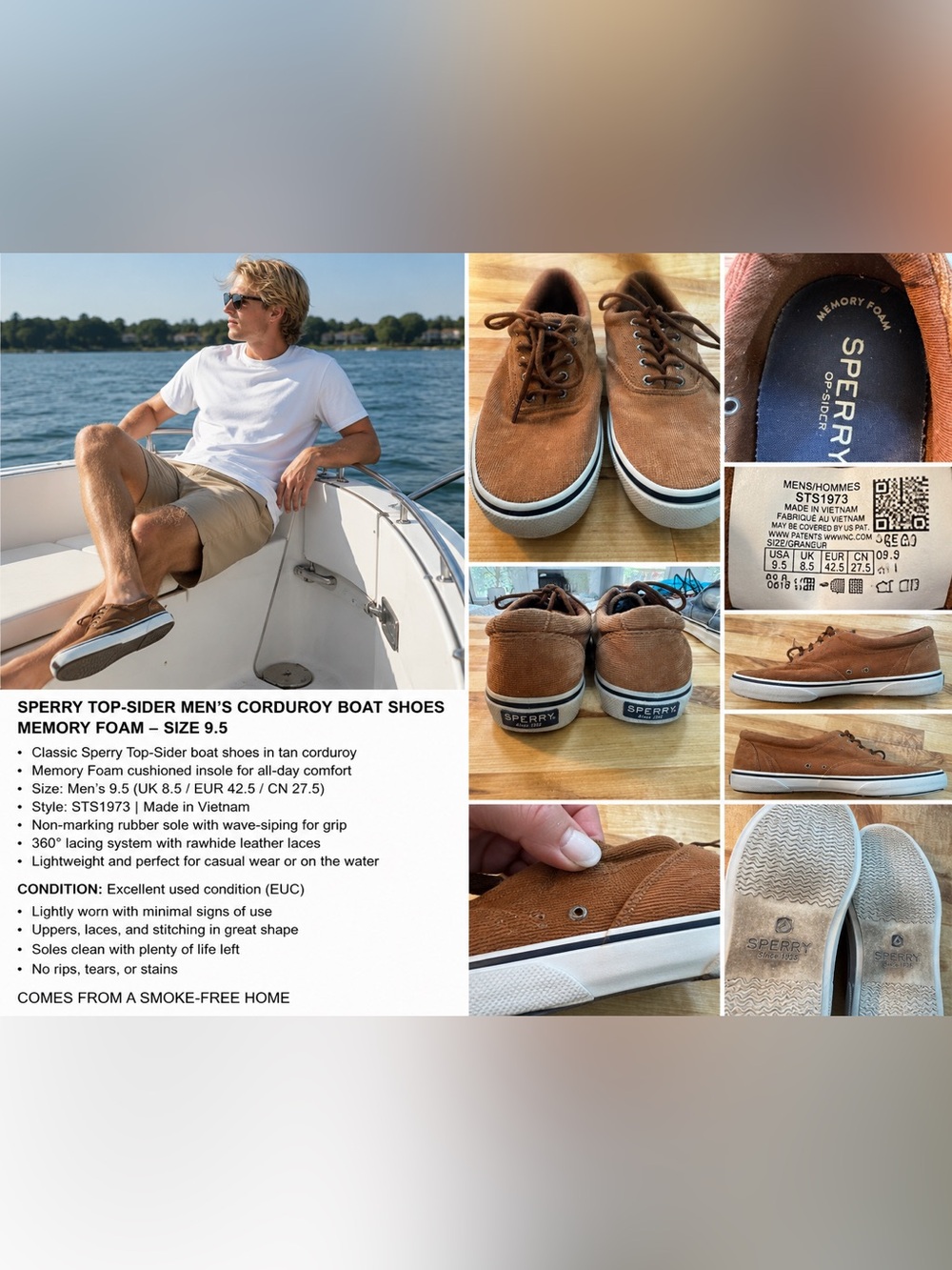 Sperry Men’s Tan Corduroy Boat Shoes with White Midsole
